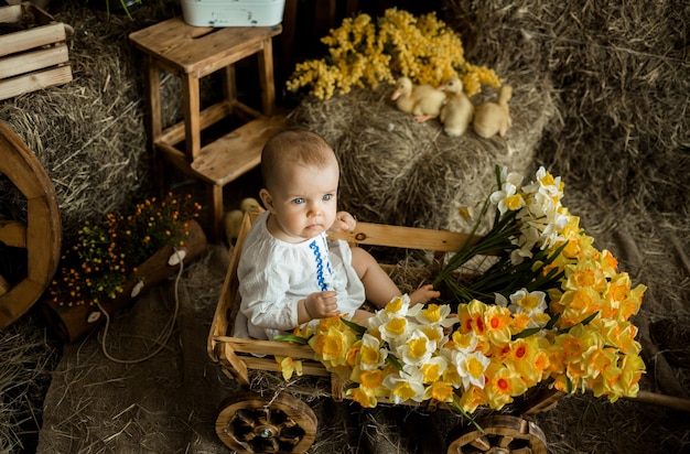 Caucasian baby girl in a linen white dress with embroidery sits in a wooden cart in Easter decorations