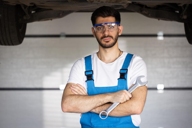 Caucasian bearded man mechanic in uniform with crossed arms and wrench standing at the car repair