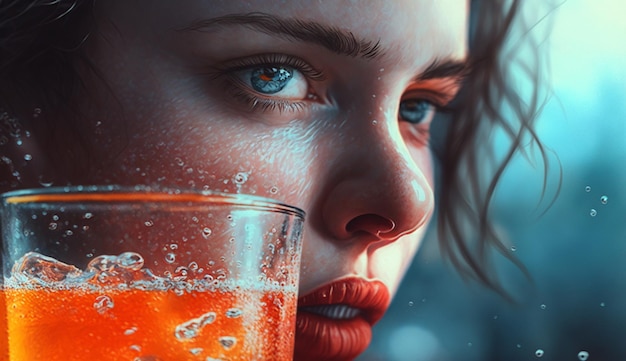 Caucasian beauty drinking wet refreshment looking cheerful indoors generative AI