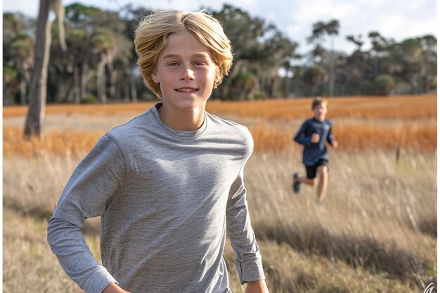 Photo caucasian boy in gray sweater running in the field