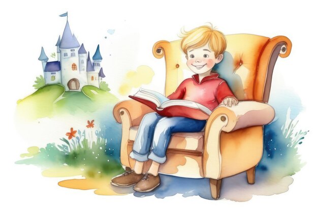 caucasian boy reading interesting book in armchair watercolor illustration storytelling education