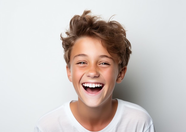 Кавказский мальчик улыбается изолированно на белом фоне Генеративный AI