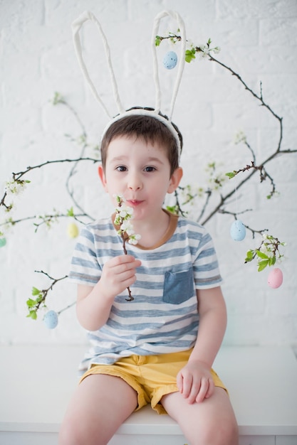 Caucasian boy with funny bunny ears