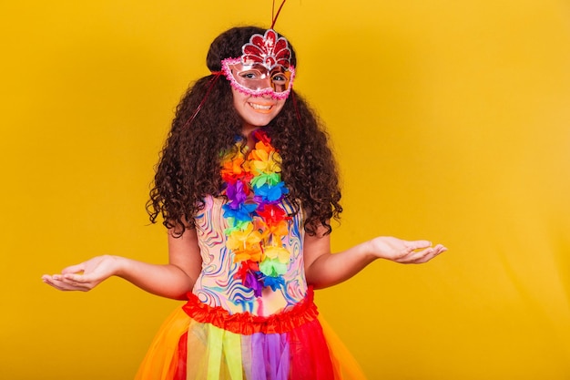 Caucasian brazilian girl dressed for carnival welcome open arms receiving welcoming