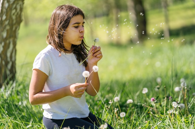 Caucasian brown-haired girl blowing on dandelion blowing flowers in a green field full of flowers