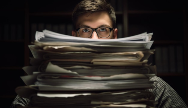 Caucasian businessman sitting reading and working late generated by AI