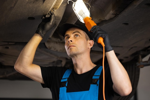 Caucasian car mechanic stands with led lamp looking at car parts to wipe the engine under the car