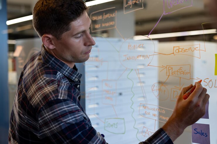 Photo caucasian casual businessman making notes brainstorming at glass wall in office. casual office, business, brainstorm and work, unaltered.