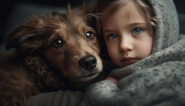 AIによって生成された幸せそうに微笑むかわいい子犬を抱きしめる白人の子供