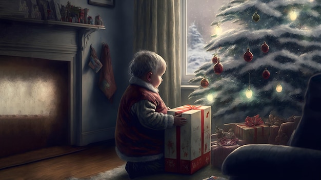 Caucasian child holding a big wrapped gift box in front of decorated christmas tree neural network generated art