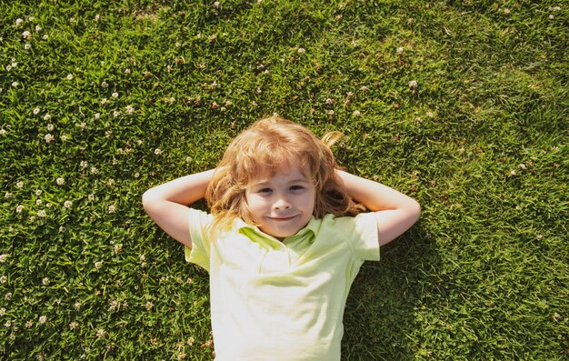 夏を楽しんでいる草の子供たちの上に横たわっている白人の子供