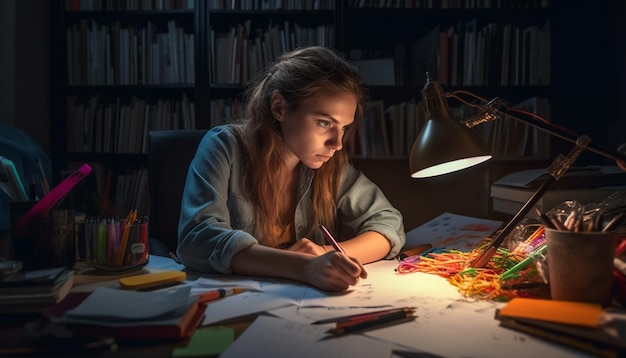 Caucasian child studying at desk with pencil generated by AI