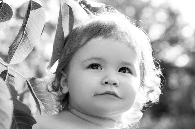 Caucasian child with green leaves portrait close up kids baby face in nature park