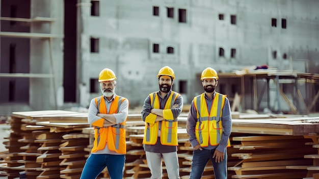 안전 조끼 와 헬 을 입고 팔 을 접고 서 있는 백인 건설 현장 노동자 들