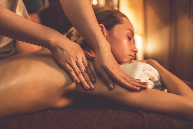 Caucasian couple customer enjoying relaxing antistress massage Quiescent