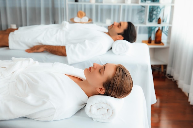 caucasian couple customer enjoying relaxing antistress massage quiescent