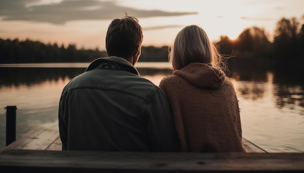 Caucasian couple embracing enjoying sunset on jetty generated by AI