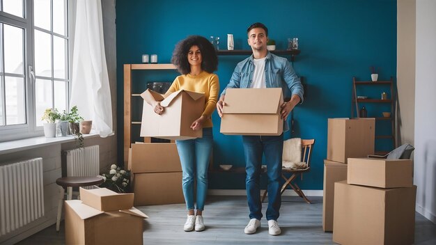 Caucasian couple moving in new home young stylish couple in moving in mess