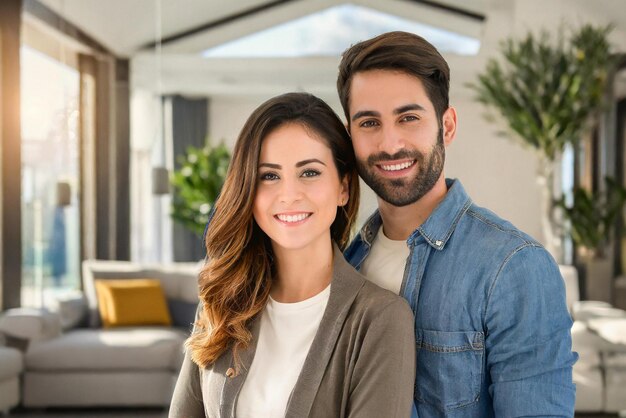 Caucasian couple portret trots op nieuw modern huis interieur achtergrond