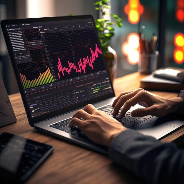 Caucasian crypto trader investor using laptop for cryptocurrency financial market analysis