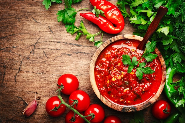 Caucasian cuisine Traditional armenian hot adjika sauce with hot pepper paprika garlic and parsley on rustic wood kitchen table background top view