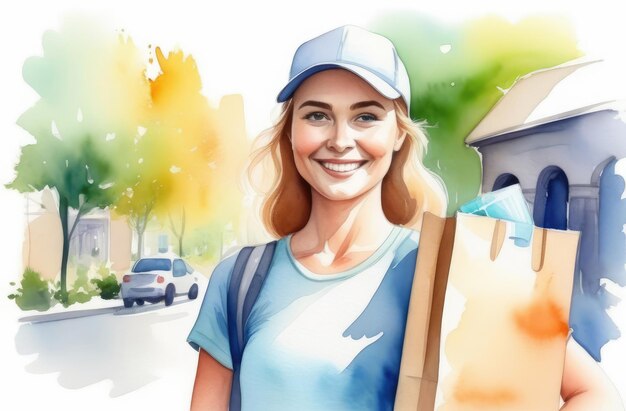 caucasian delivery girl smiling holding package walking at city street watercolor illustration