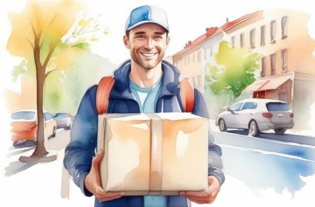 caucasian delivery man smiling holding package and walking at city street watercolor illustration