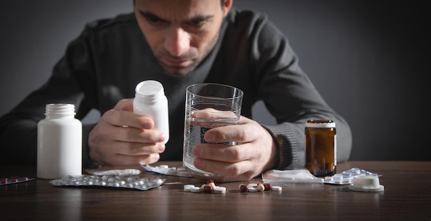 Фото Кавказский депрессивный мужчина с таблетками