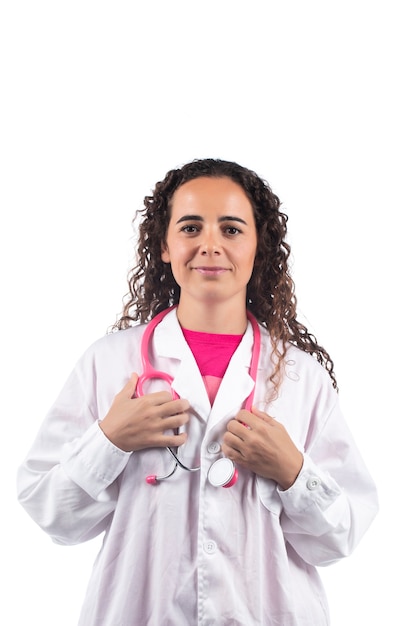 Caucasian doctor woman with pink stethoscope.