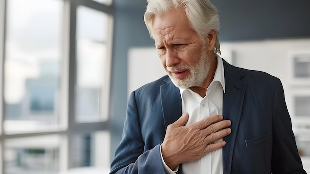 Photo caucasian elder businessman with chest pain heart attack patient