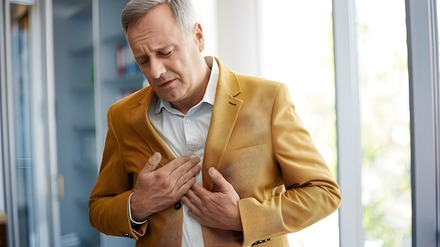 Photo caucasian elder businessman with chest pain heart attack patient