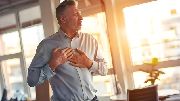 Photo caucasian elder man with chest pain heart attack patient