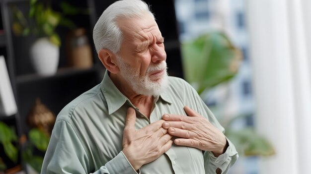 Photo caucasian elder man with chest pain heart attack patient