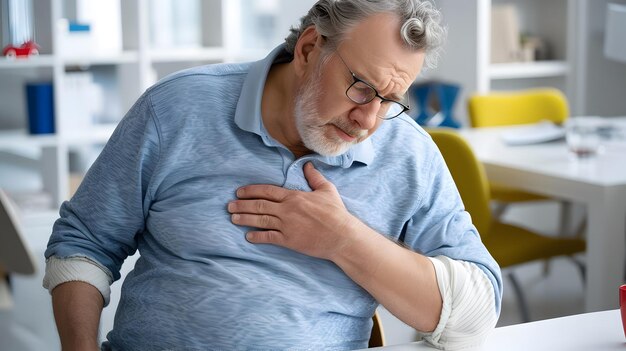 Photo caucasian elder man with chest pain heart attack patient