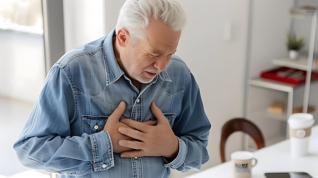 Photo caucasian elder man with chest pain heart attack patient