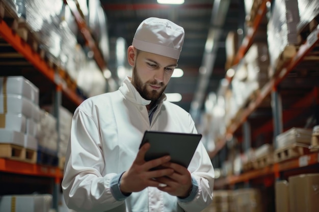 Caucasian employee in uniform using tablet in food factory