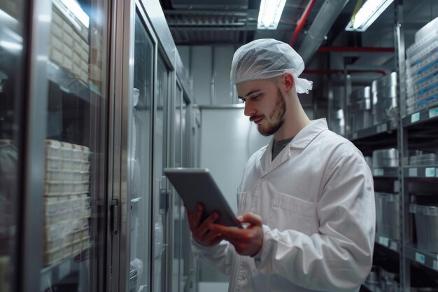 Caucasian employee in uniform using tablet in food factory