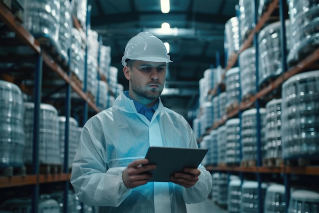 Caucasian employee in uniform using tablet in food factory