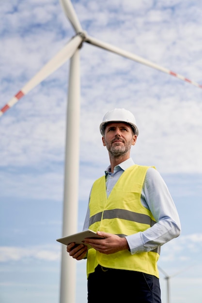 Caucasian engineer holding digital tablet and standing on wind turbine field