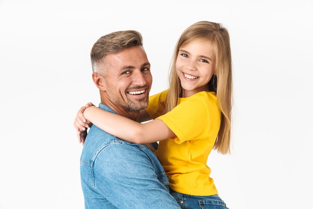 caucasian family father and daughter smiling and hugging together isolated on white