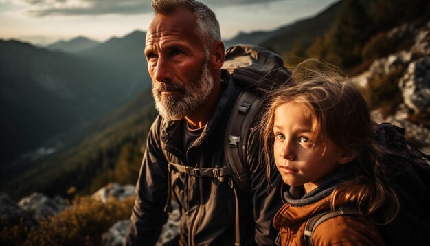 Caucasian family hiking mountain peak enjoying sunlight generated by AI