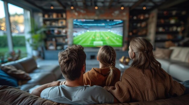 Foto famiglia caucasica che guarda la tv con una partita di calcio sullo schermo concetto sportivo globale ai generativa