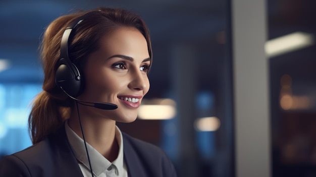 A Caucasian female call center agent with a headset works on the support hotline Created with Generative AI technology