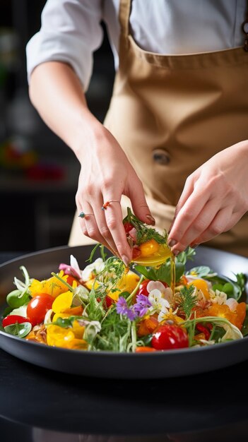 Caucasian female chef seasoning a salad with fresh herbs and olive oil