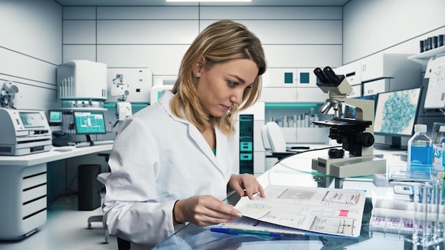 白人の女性科学者生物学者生化学者は、研究所の製薬または学術研究施設で働いています