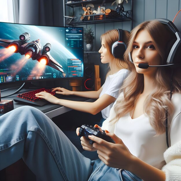 Photo caucasian gamer girl relaxing playing fast paced space shooter simulation on professional pc setup