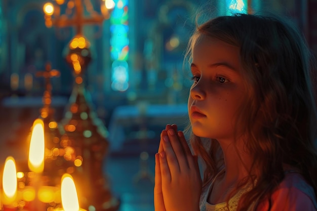 Foto ragazza caucasica che prega in chiesa effetto cinematografico