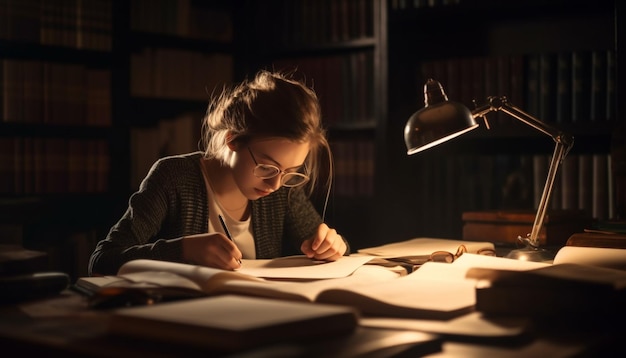 Caucasian girl reading textbook in illuminated library generated by AI