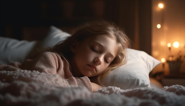 Caucasian girl sleeping peacefully in cozy bed generated by AI