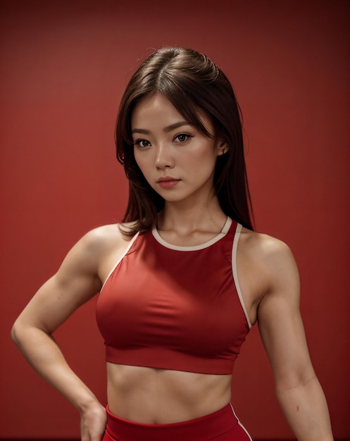 Caucasian gym fitness model in red theme